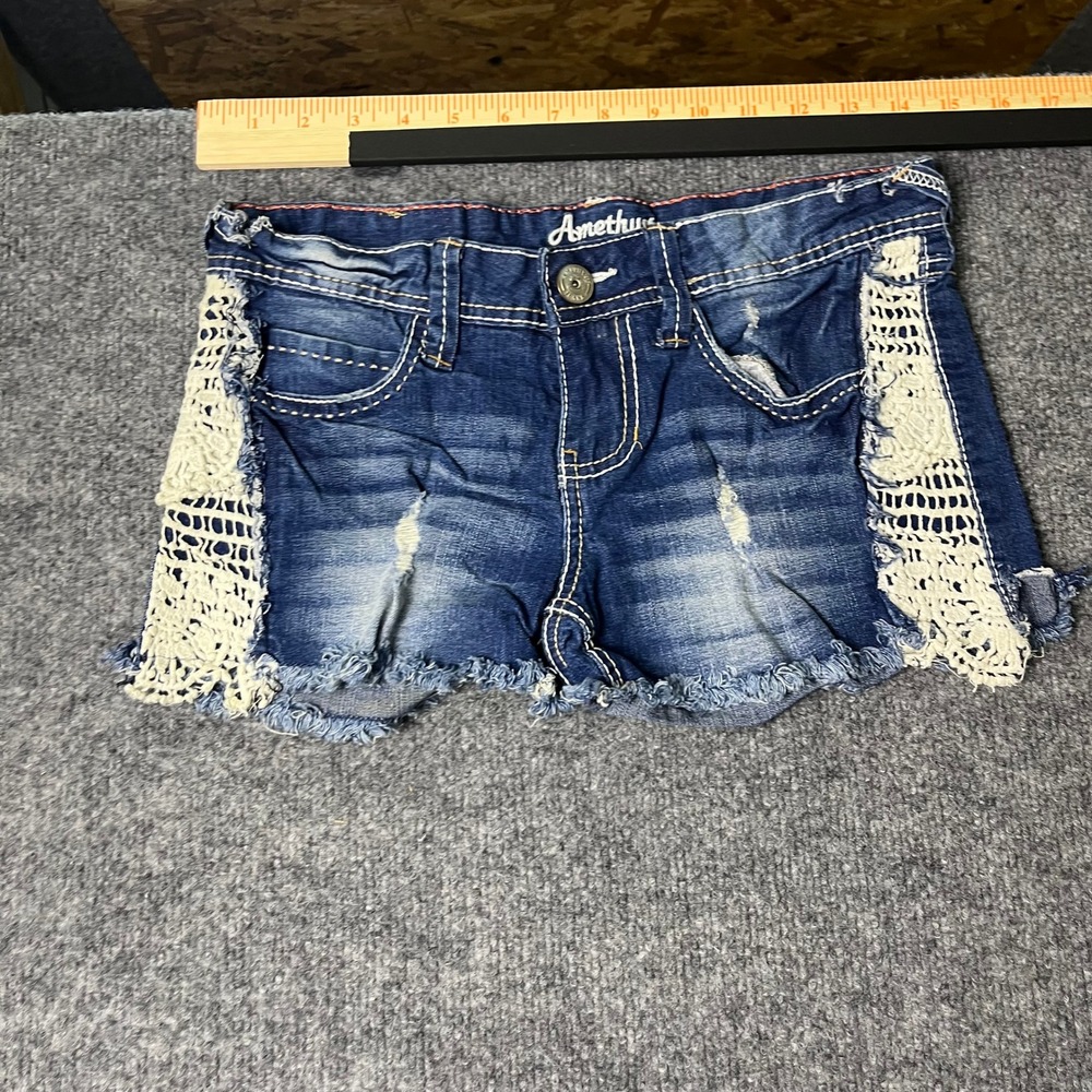 Amethyst Denim Shorts Womens Size 3 Crochet Lace Side Distressed Boho Raw Hem